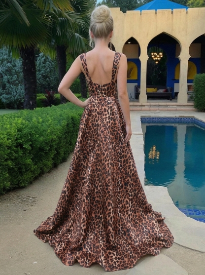 Satin Scope Neck A Line Prom Dresses Leopard Print