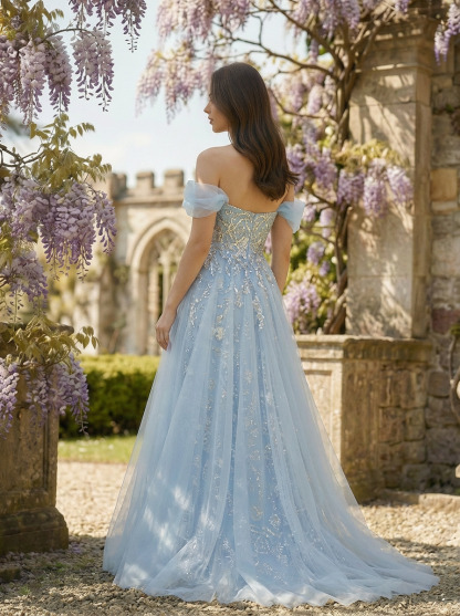 Tulle Embroideried Off Shoulder A Line Prom Dresses with Applique