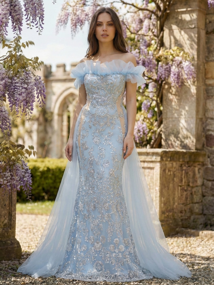 Tulle Embroideried Off Shoulder A Line Prom Dresses with Applique