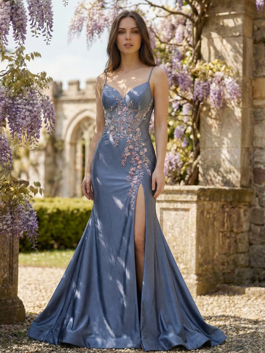 Satin Spaghetti Straps A Line Prom Dresses with Applique