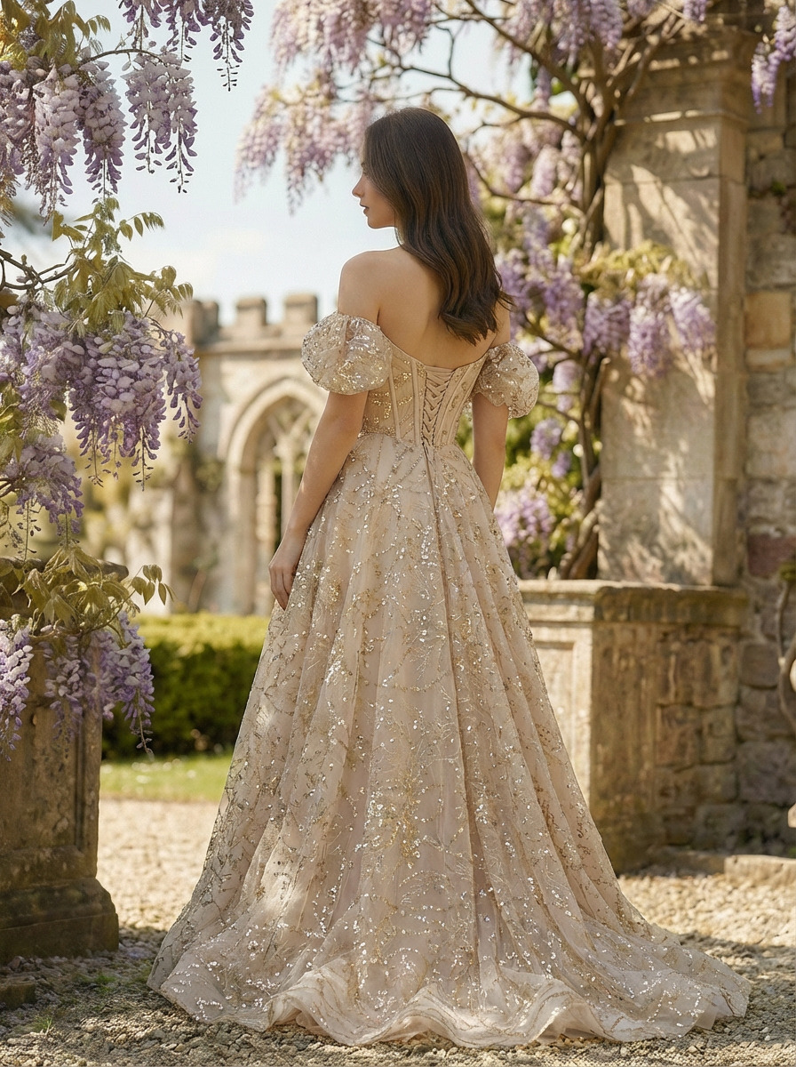 Tulle Off Shoulder A Line Prom Dresses with Slit