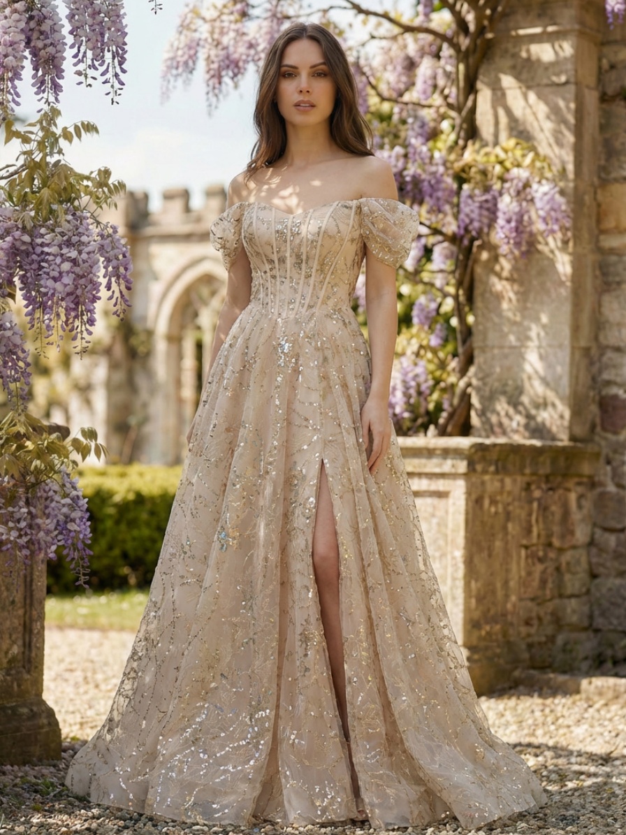 Tulle Off Shoulder A Line Prom Dresses with Slit