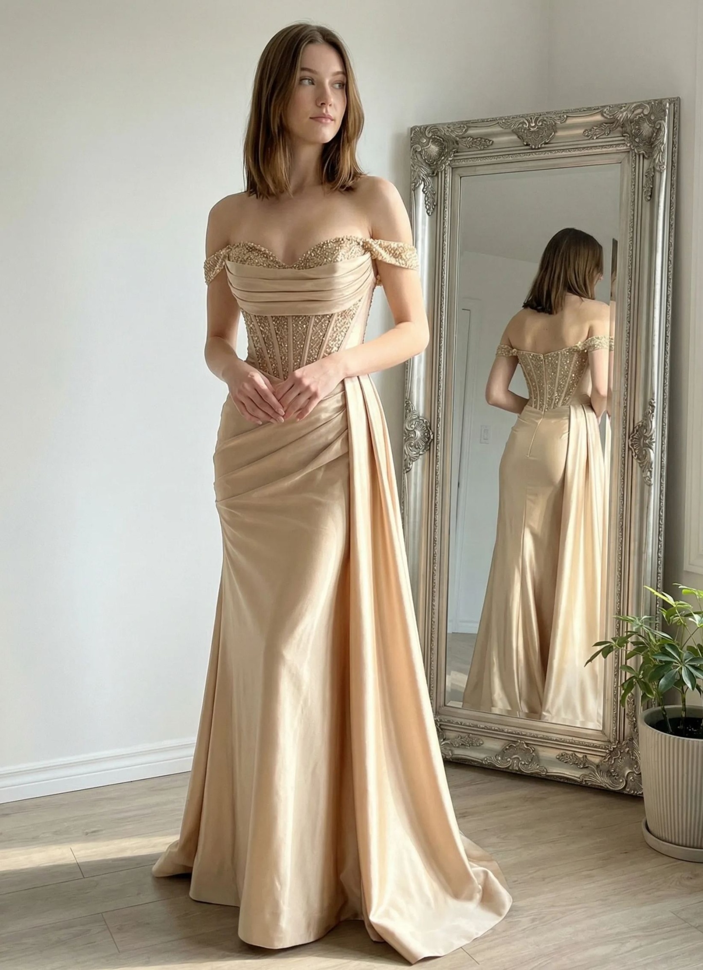 Satin Off Shoulder Mermaid Prom Dresses with Pleats