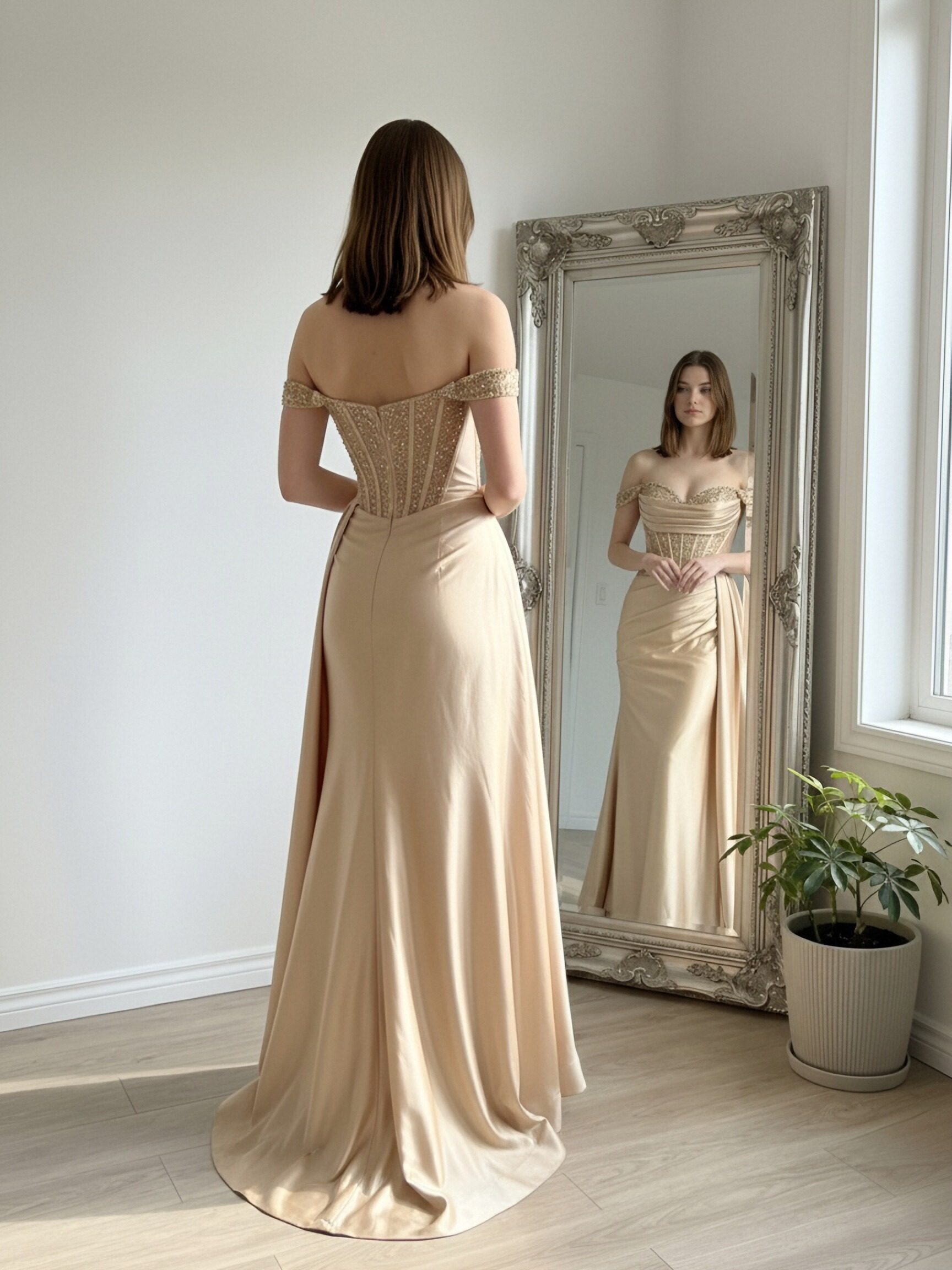 Satin Off Shoulder Mermaid Prom Dresses with Pleats