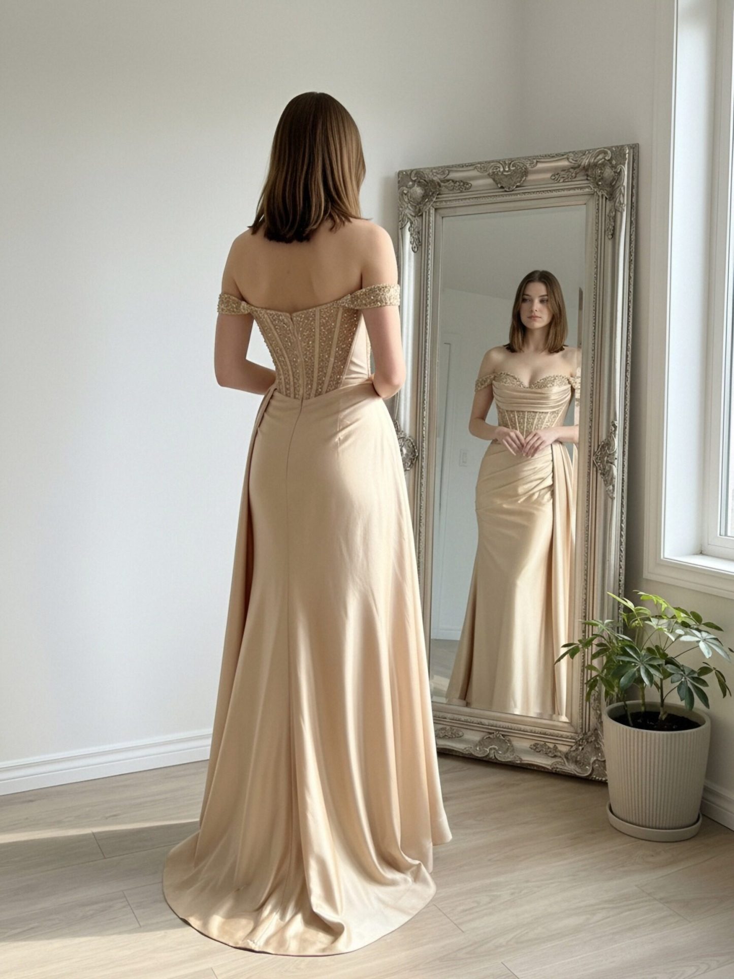 Satin Off Shoulder Mermaid Prom Dresses with Pleats