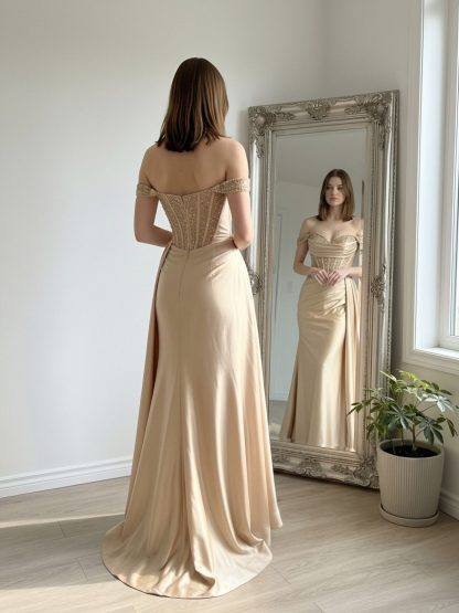 Satin Off Shoulder Mermaid Prom Dresses with Pleats