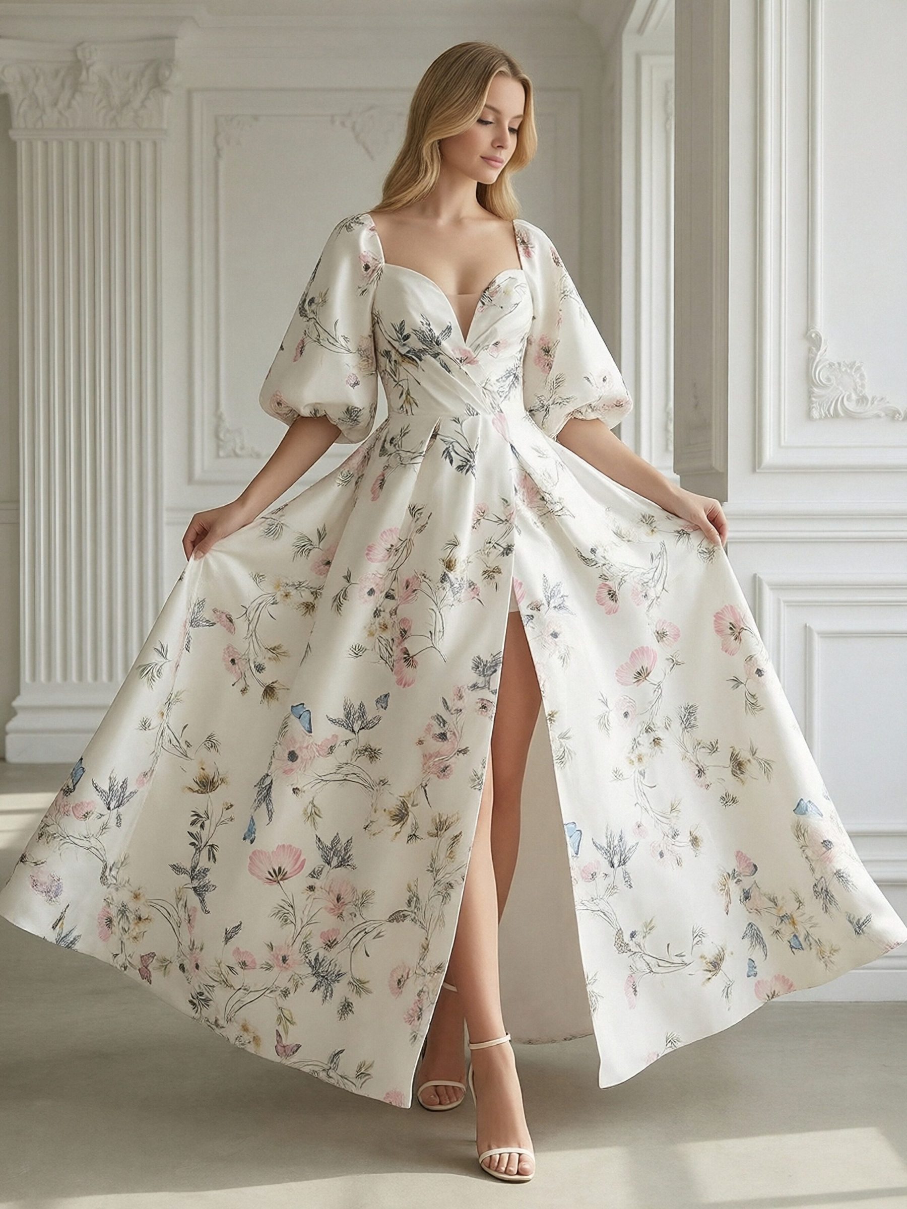 Satin Square Neck Long A Line Prom Dresses with Slit