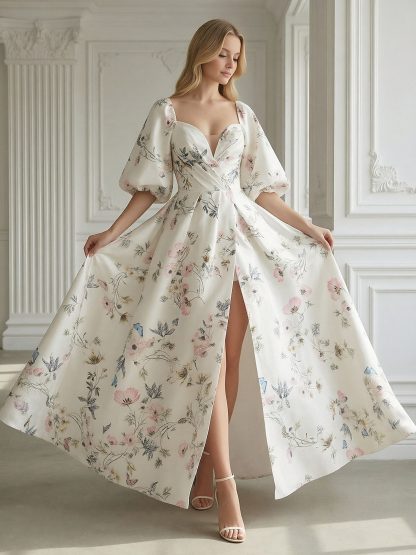 Satin Square Neck Long A Line Prom Dresses with Slit