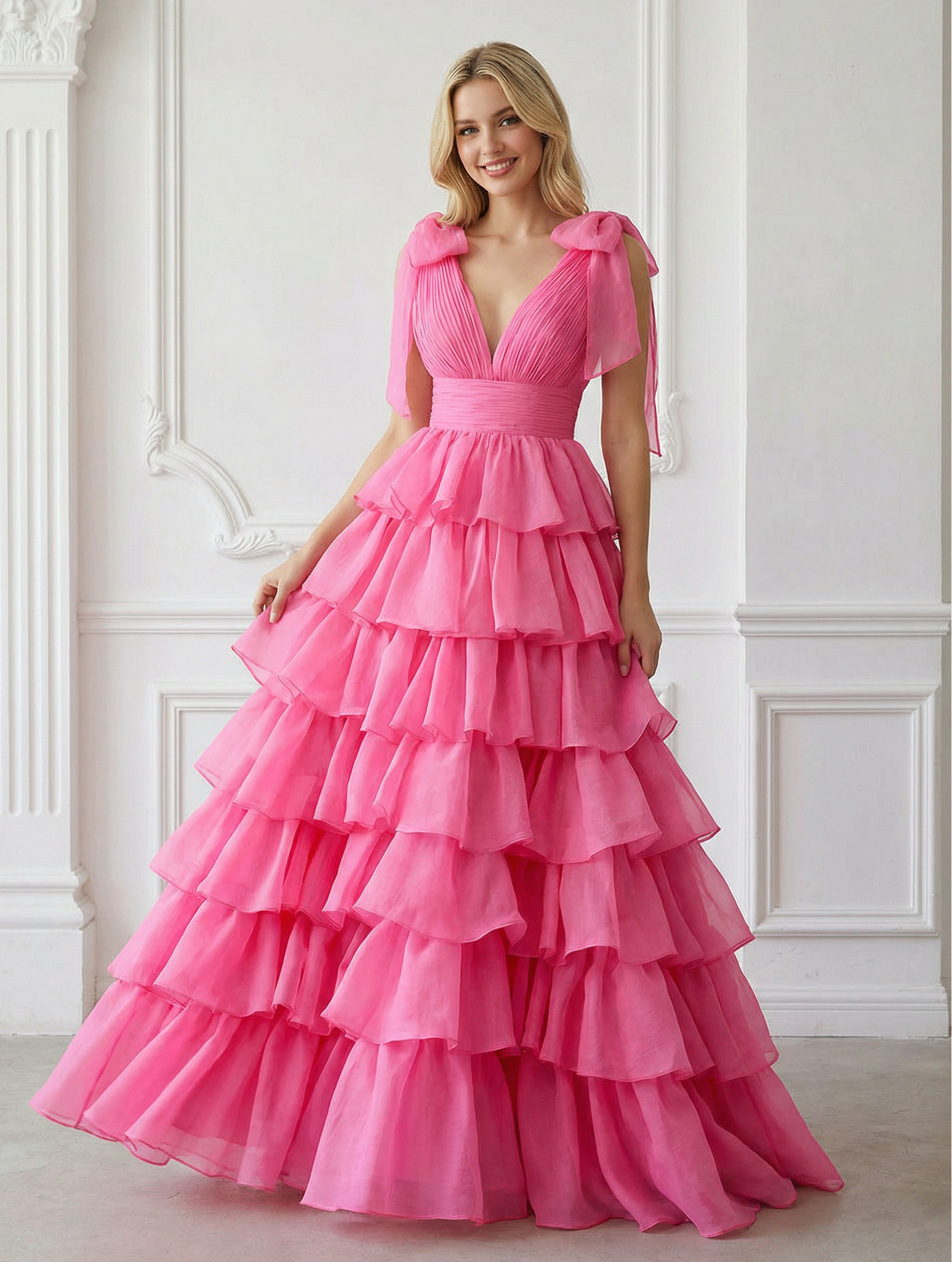 Chiffon Deep V Neck Long A Line Ball Gown with Tiered
