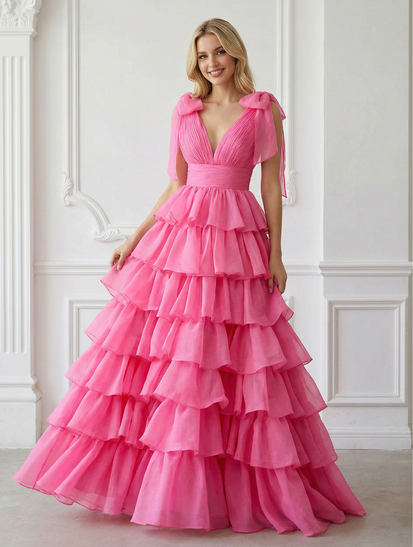 Chiffon Deep V Neck Long A Line Ball Gown with Tiered