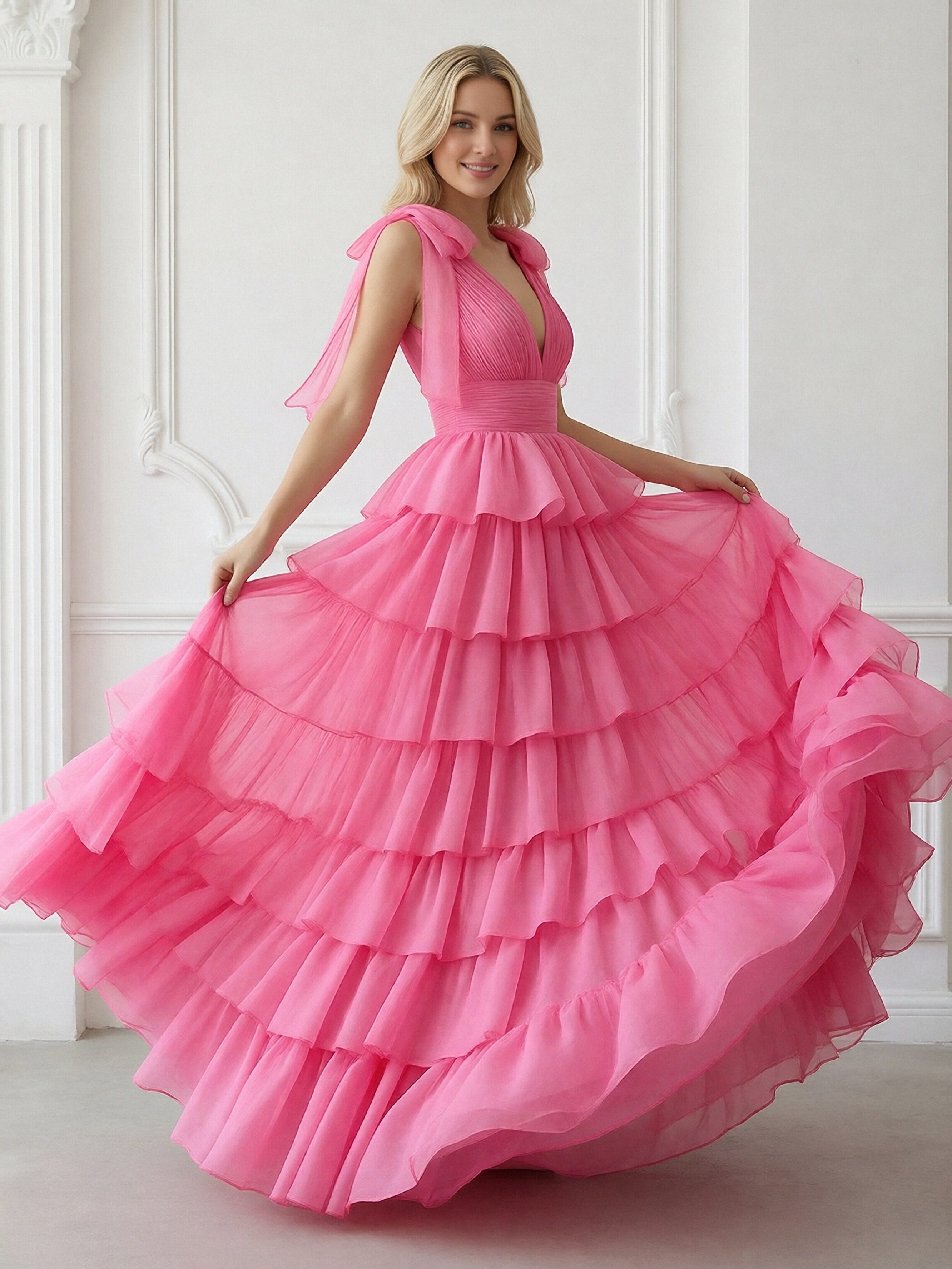 Chiffon Deep V Neck Long A Line Ball Gown with Tiered