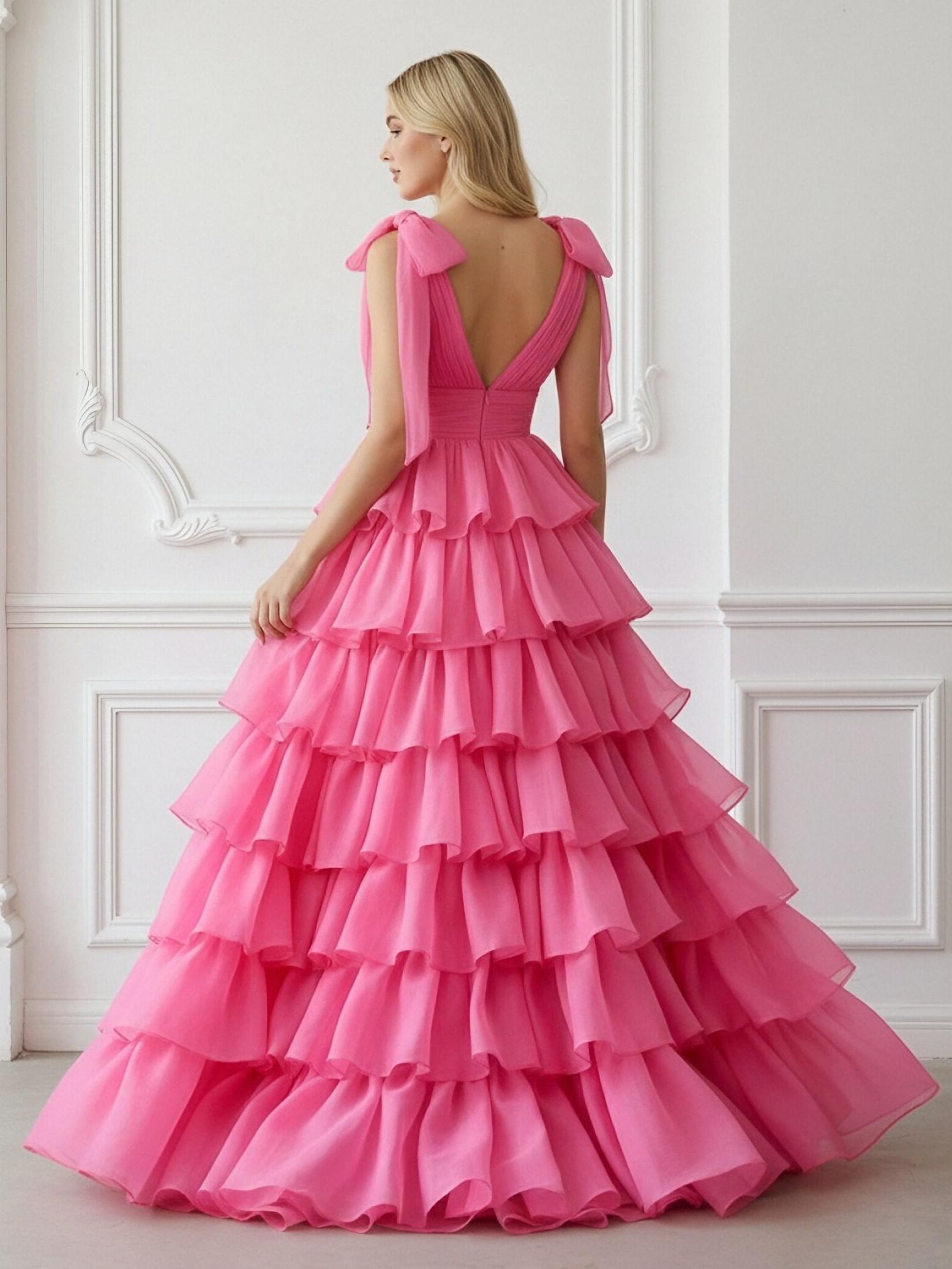 Chiffon Deep V Neck Long A Line Ball Gown with Tiered