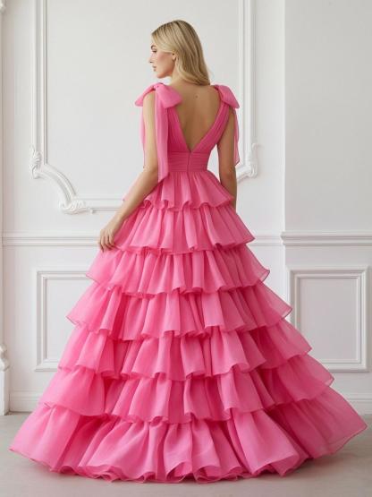 Chiffon Deep V Neck Long A Line Ball Gown with Tiered