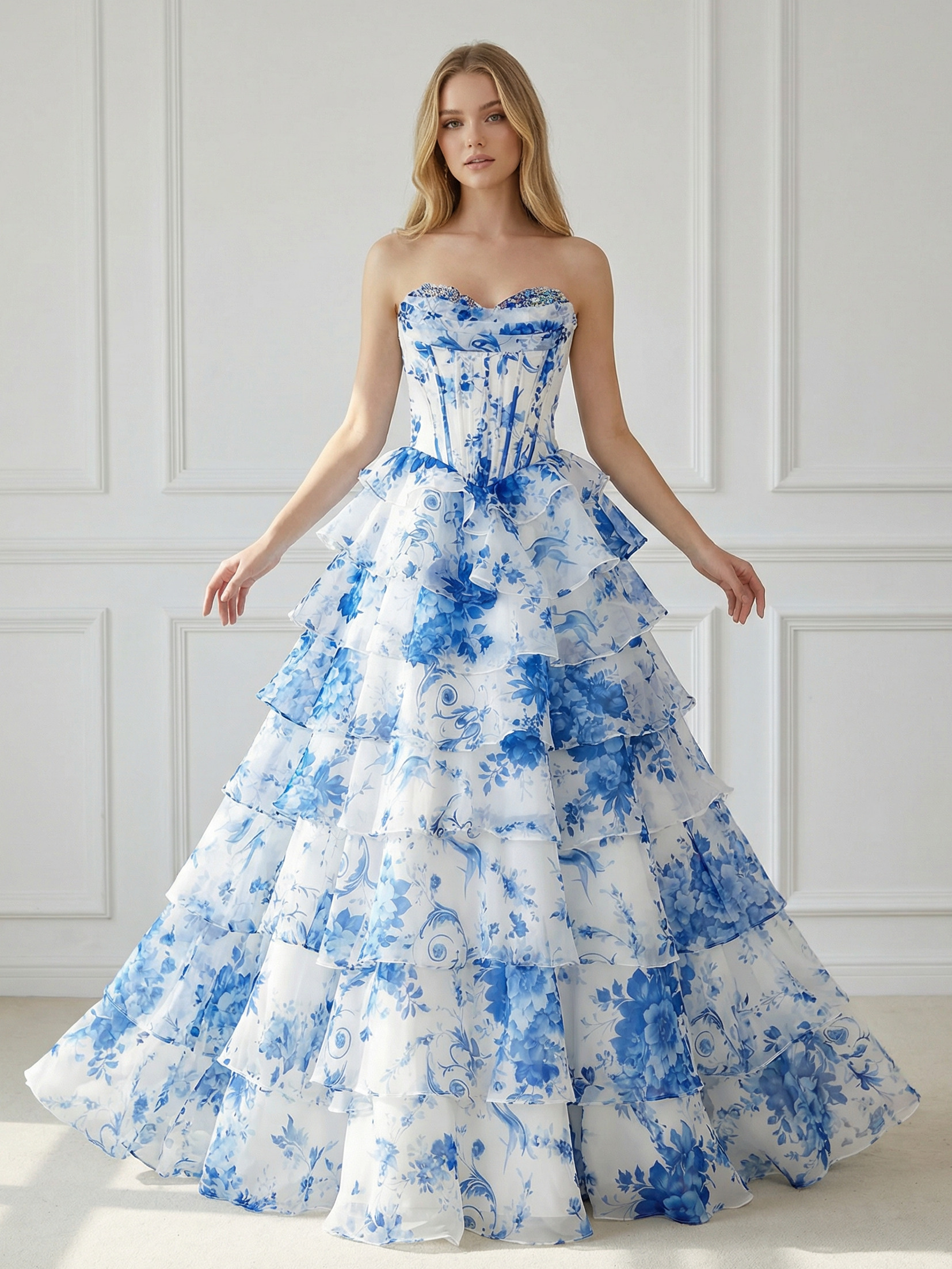 Floral Chiffon Strapless Long A Line Ball Gown with Tiered