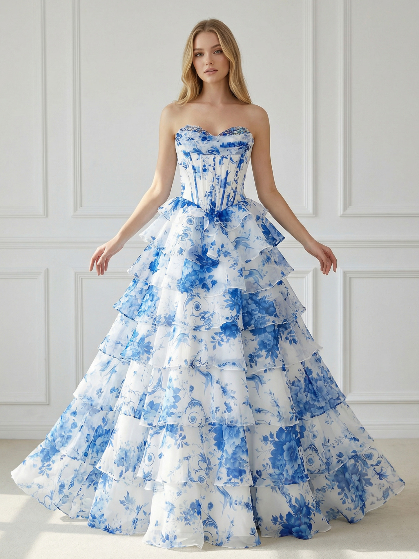Floral Chiffon Strapless Long A Line Ball Gown with Tiered