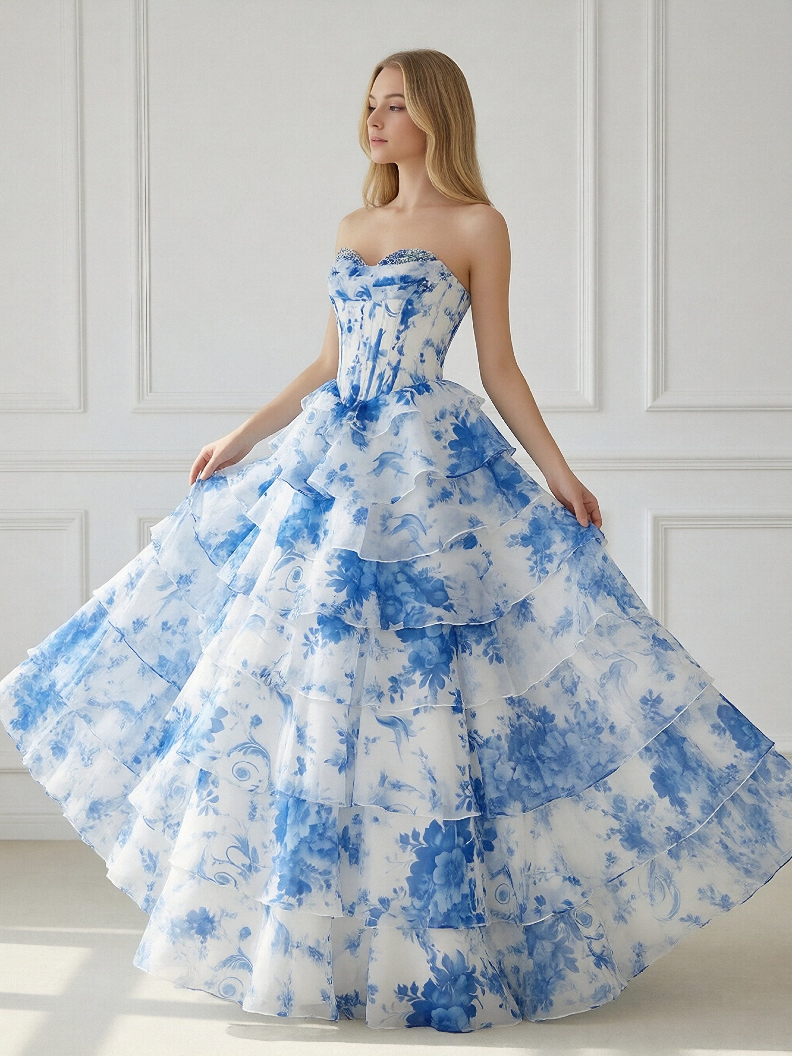 Floral Chiffon Strapless Long A Line Ball Gown with Tiered