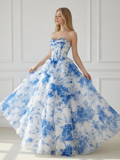 Floral Chiffon Strapless Long A Line Ball Gown with Tiered