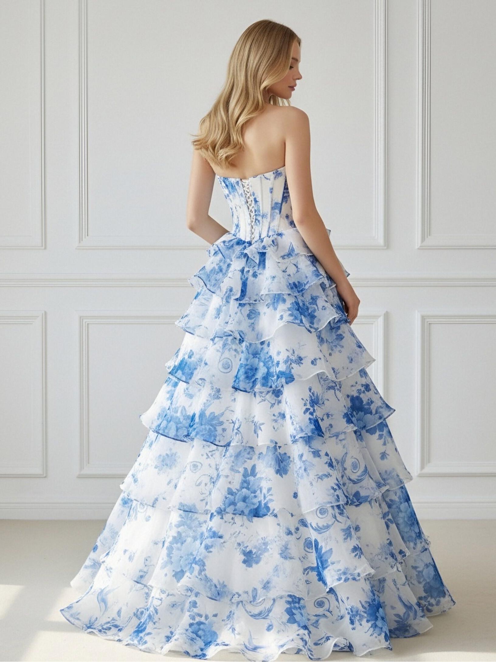 Floral Chiffon Strapless Long A Line Ball Gown with Tiered