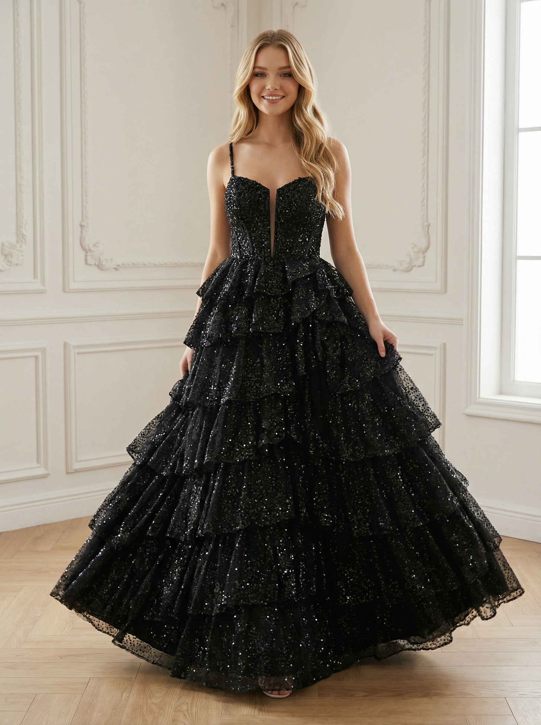 Tulle Sequin Spaghetti Straps Long A Line Ball Gown with Tiered
