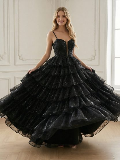Tulle Sequin Spaghetti Straps Long A Line Ball Gown with Tiered