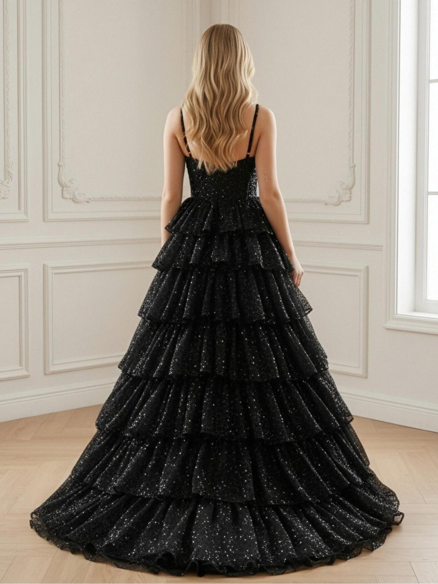 Tulle Sequin Spaghetti Straps Long A Line Ball Gown with Tiered