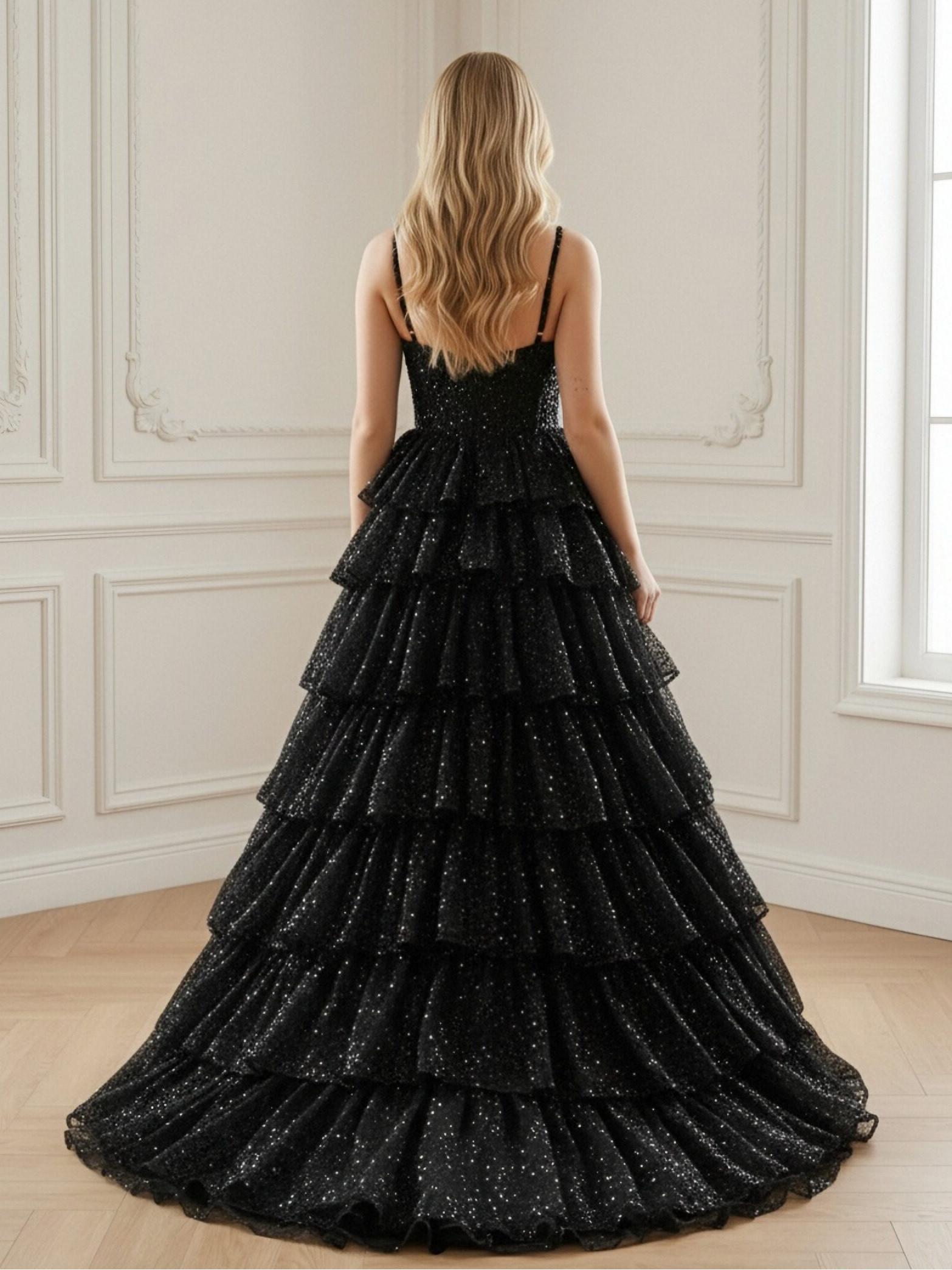 Tulle Sequin Spaghetti Straps Long A Line Ball Gown with Tiered