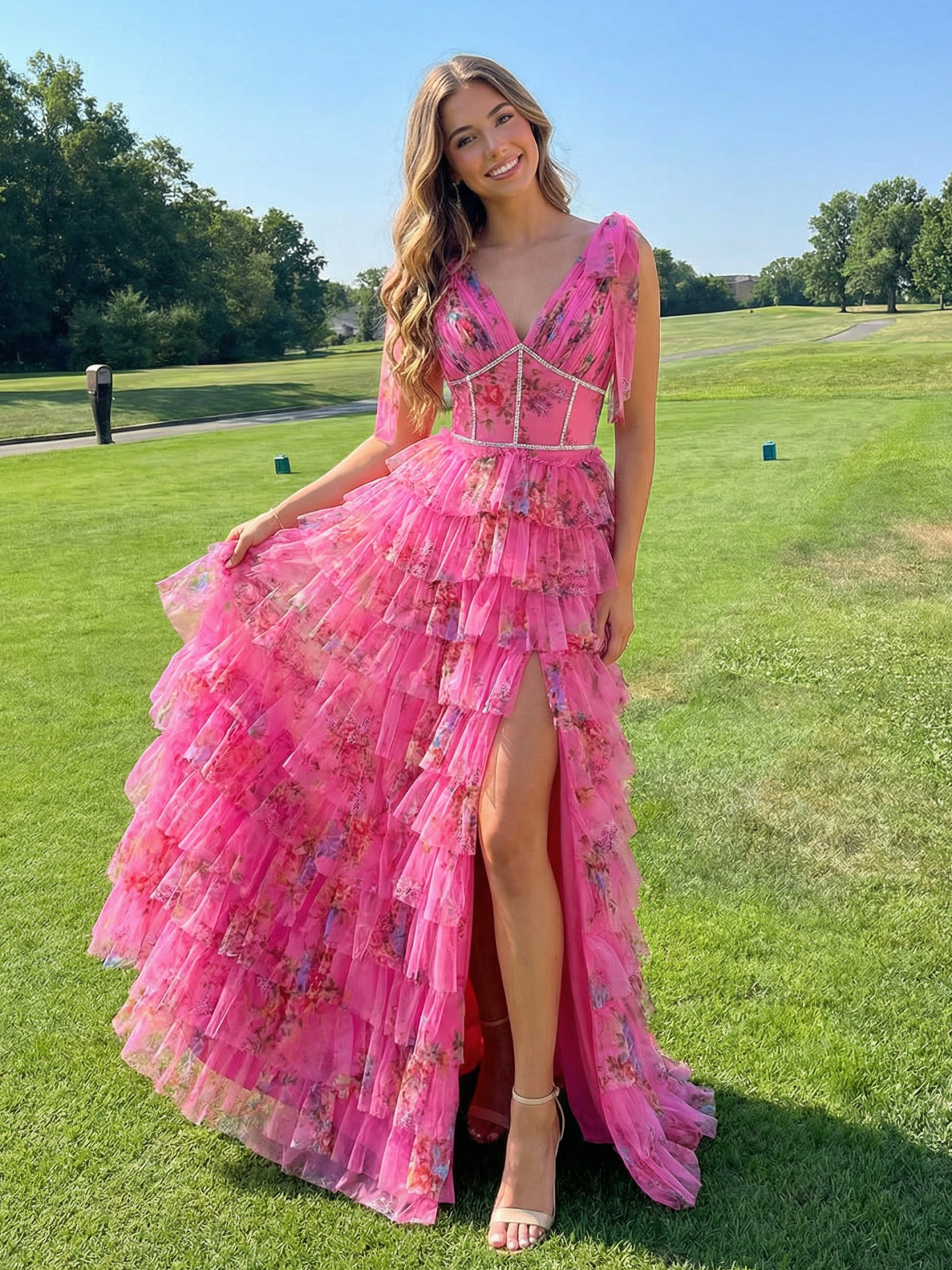 Floral Tulle Deep V Neck Long A Line Ball Gown with Tiered