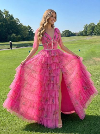 Floral Tulle Deep V Neck Long A Line Ball Gown with Tiered