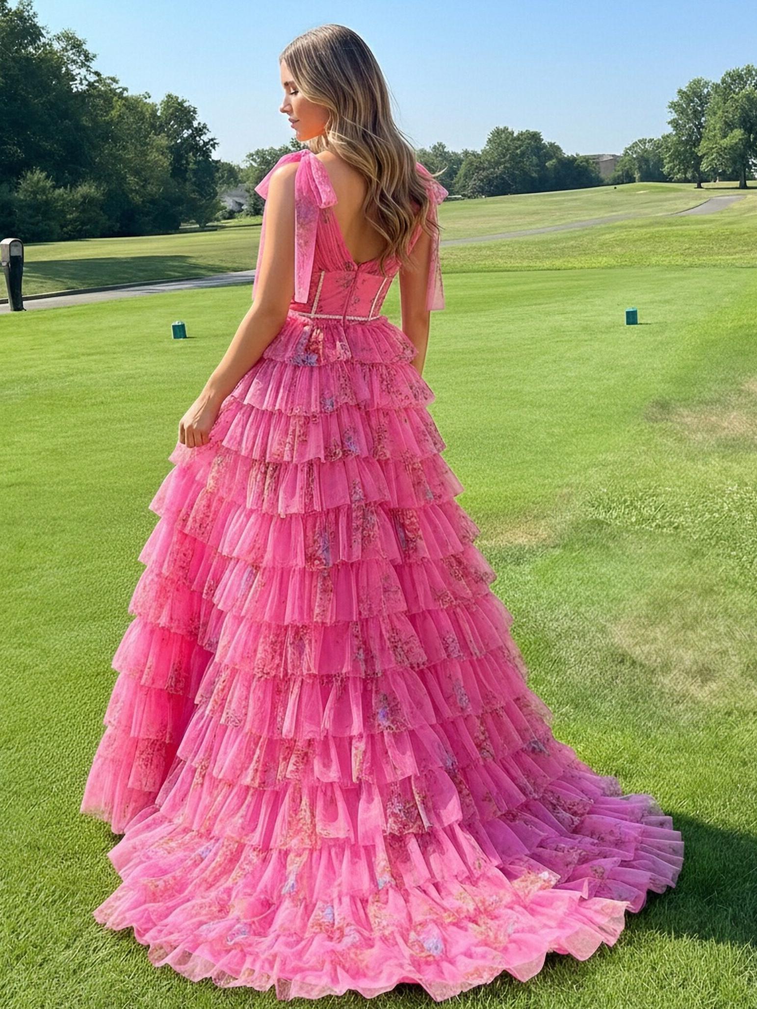 Floral Tulle Deep V Neck Long A Line Ball Gown with Tiered