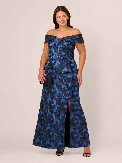 Jacquard Off Shoulder A Line Plus Size Dresses with Slit