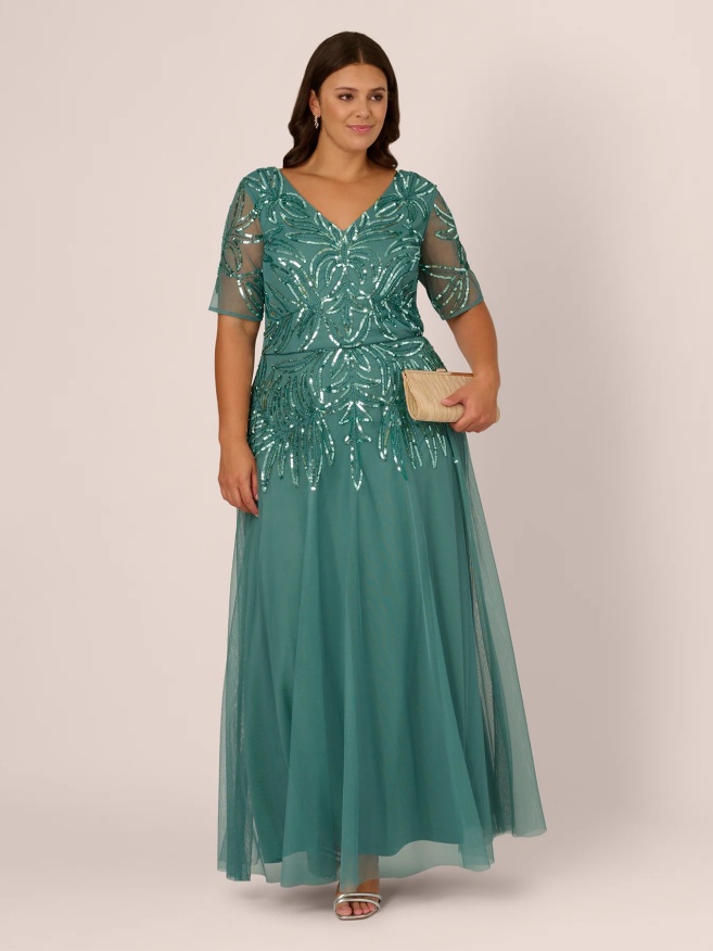 Sequin Tulle V Neck A Line Plus Size Dresses