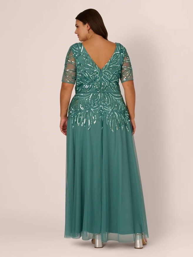 Sequin Tulle V Neck A Line Plus Size Dresses