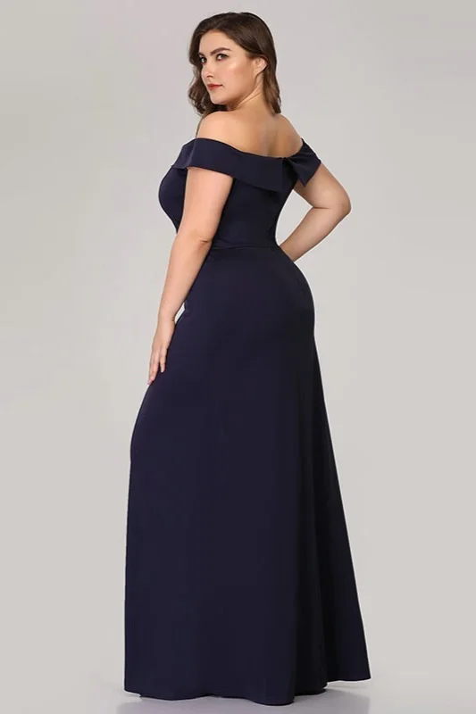 Satin Off Shoulder Simple Plus Size Dresses with Slit