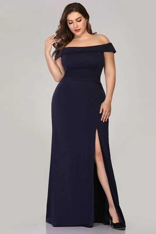 Satin Off Shoulder Simple Plus Size Dresses with Slit