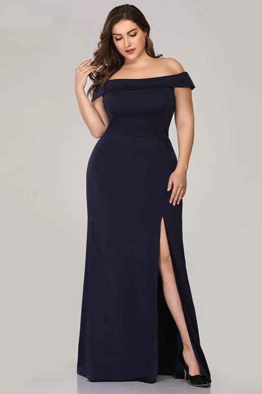 Satin Off Shoulder Simple Plus Size Dresses with Slit