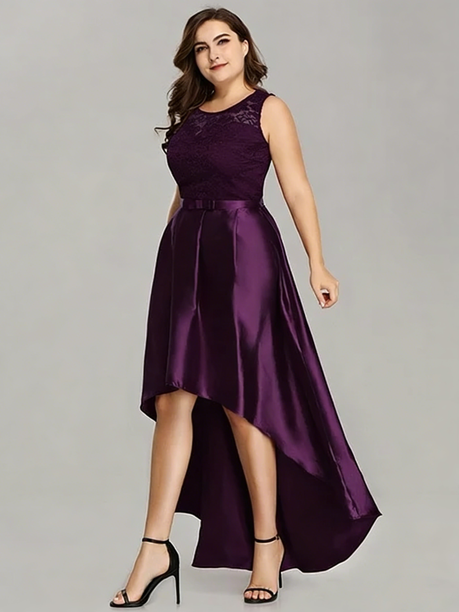 Lace Applique Crew Neck Hi-Lo Plus Size Dresses