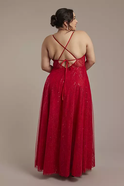 Sparkly Tulle Deep V Neck A Line Plus Size Dresses