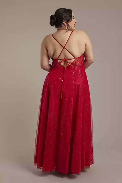 Sparkly Tulle Deep V Neck A Line Plus Size Dresses