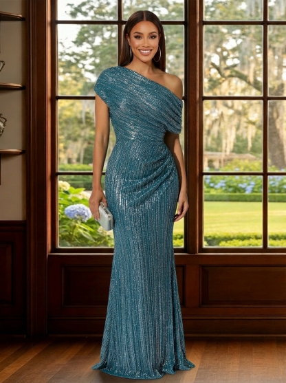 Shimmering One Shoulder Mother of the Bride Dresses with Pleats