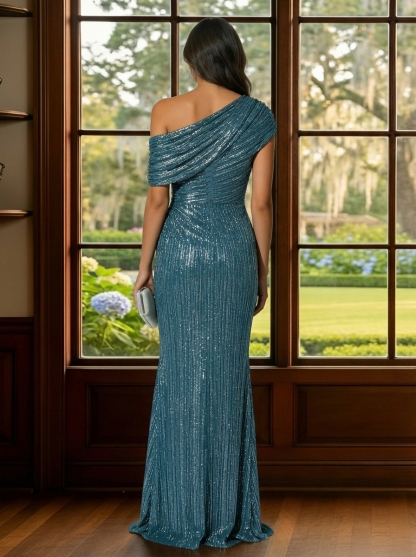 Shimmering One Shoulder Mother of the Bride Dresses with Pleats