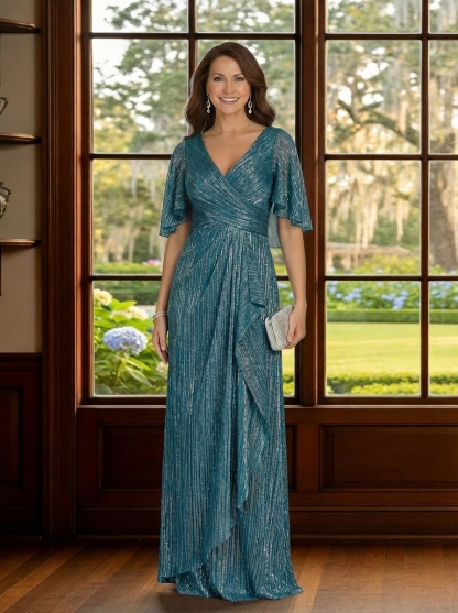 Sparkly Half Sleeve V Neck Ruched Mother of Bride Dresses