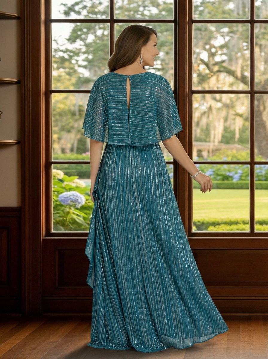 Sparkly Half Sleeve V Neck Ruched Mother of Bride Dresses