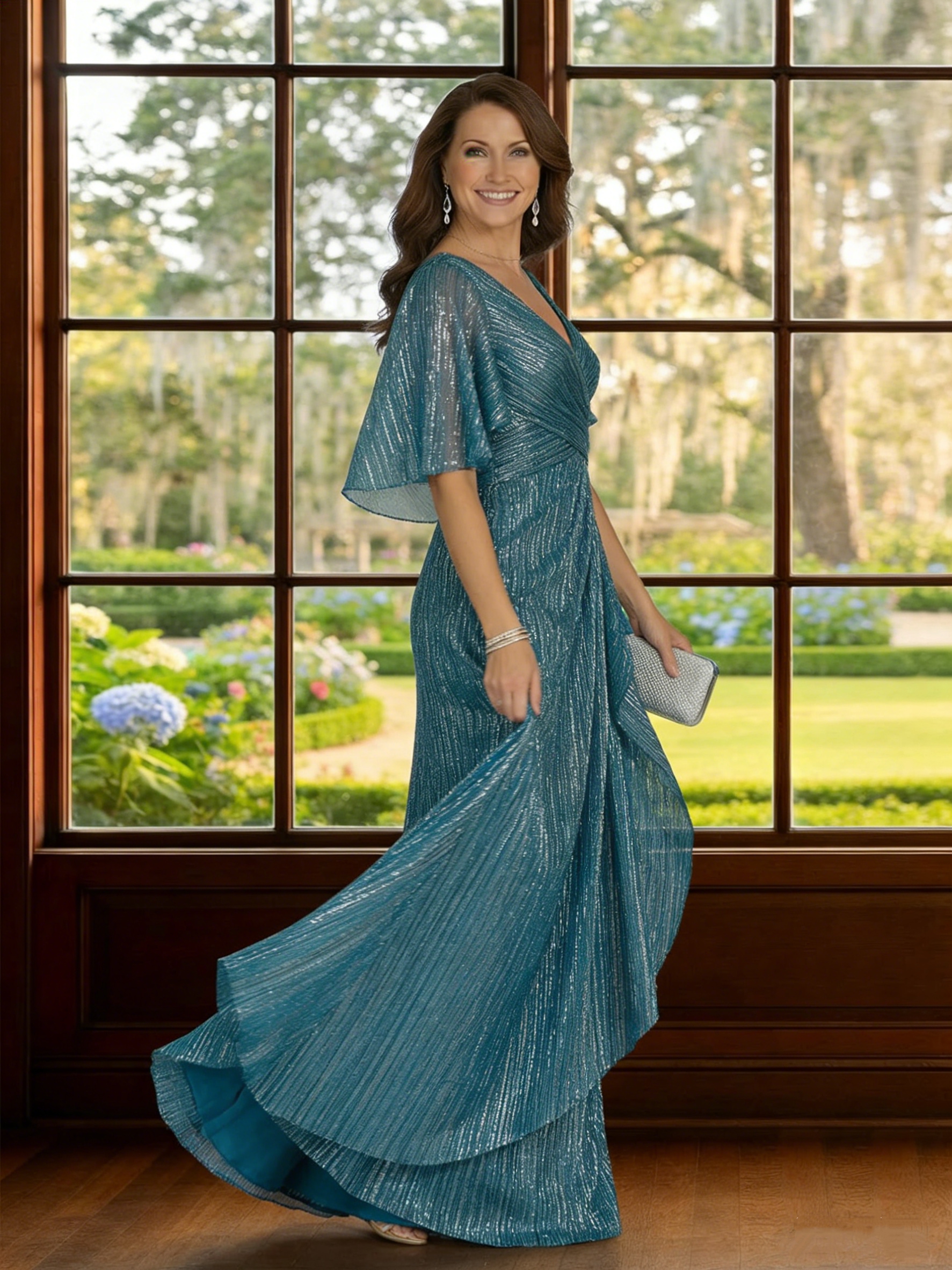 Sparkly Half Sleeve V Neck Ruched Mother of Bride Dresses