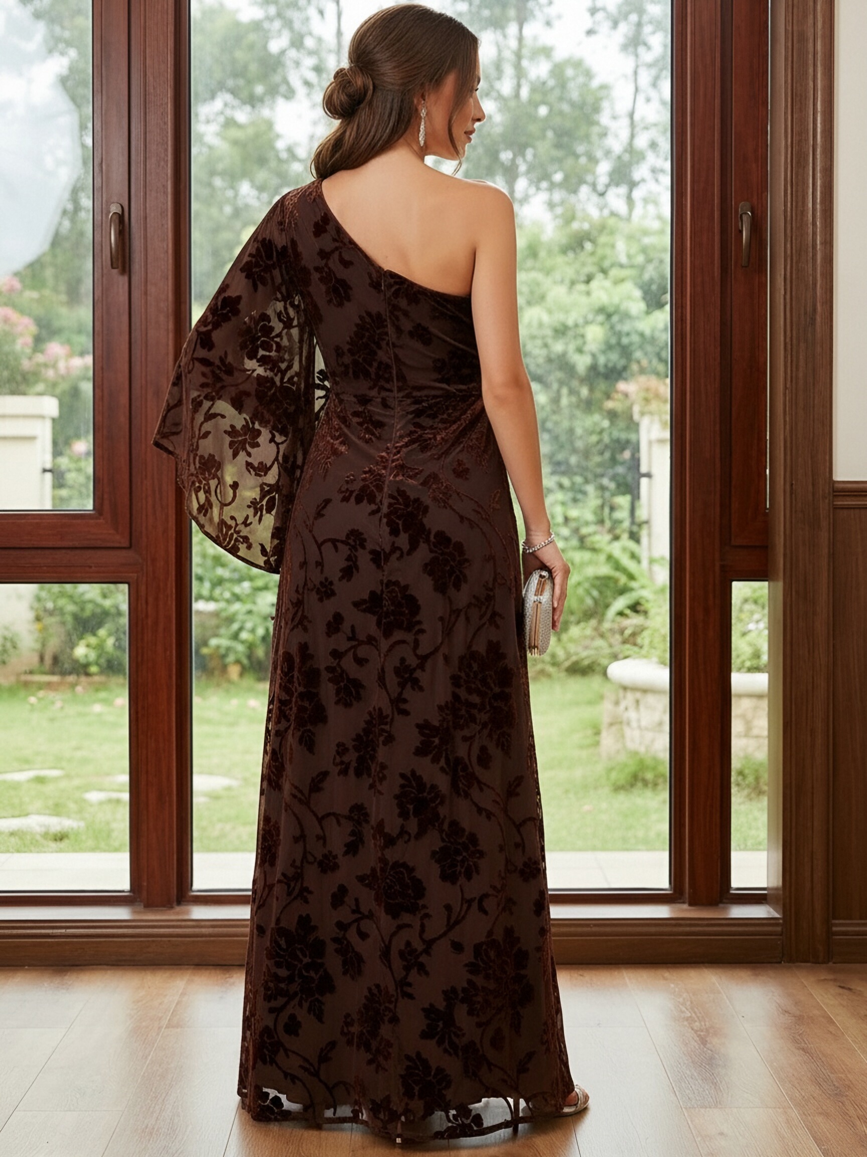 Floral Velvet One Shoulder Ruched Slit Mother of Bride Dresses