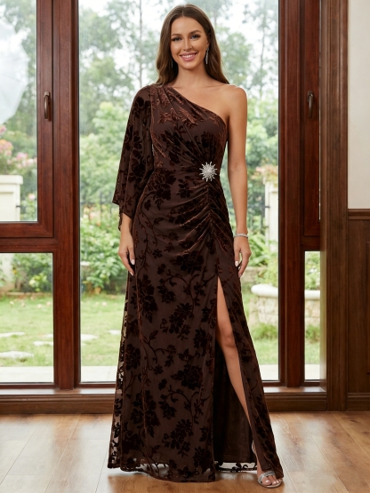 Floral Velvet One Shoulder Ruched Slit Mother of Bride Dresses