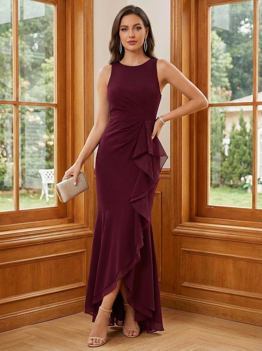 Chiffon Round Neck Mother of the Bride Dresses with Ruffles