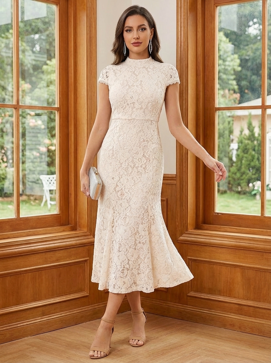 Elastic Lace High Neck Mother of the Bride Dresses with Caps