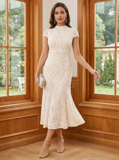 Elastic Lace High Neck Mother of the Bride Dresses with Caps