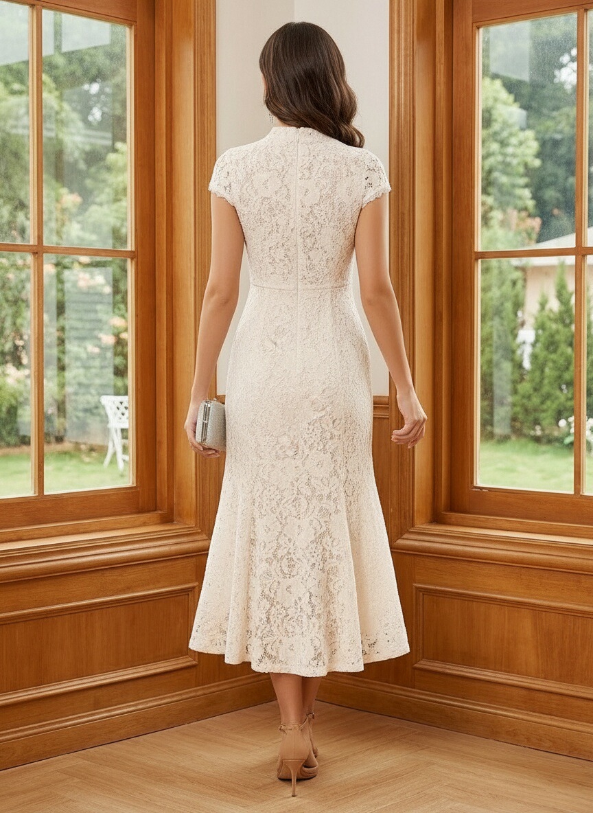 Elastic Lace High Neck Mother of the Bride Dresses with Caps