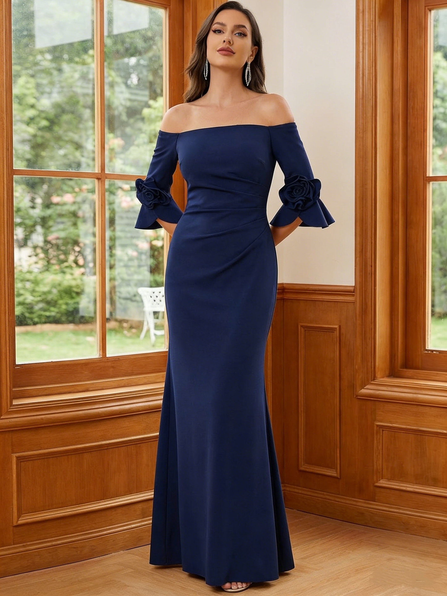 Off the Shoulder Chiffon Rose Sleeve Mermaid Formal Gown